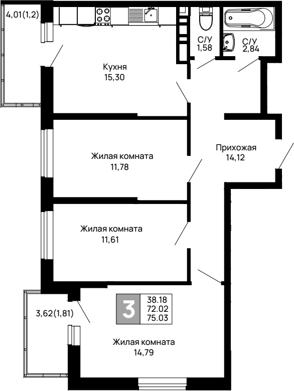 3-комн., 72.02 м², 9/16 этаж, ЖК «Долина»