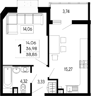Продается 1-комн. квартира, 36.98 м²