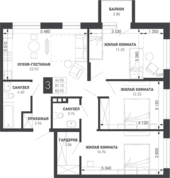 3-комн., 80.37 м², 6/9 этаж, ЖК «Иначе в Молодежном»