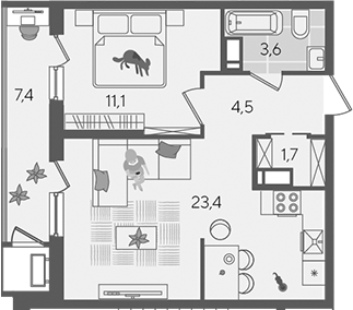 2-комн., 44.3 м², 23/24 этаж, ЖК «Рекорд»