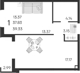 1-комн., 37.83 м², 2/18 этаж, ЖК «Дом 101»