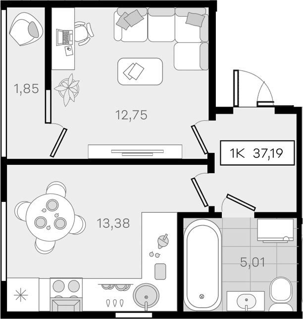 1-комн., 35.34 м², 4/8 этаж, ЖК «История 3»