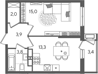 1-комн., 38 м², 13/24 этаж, ЖК «Рекорд»