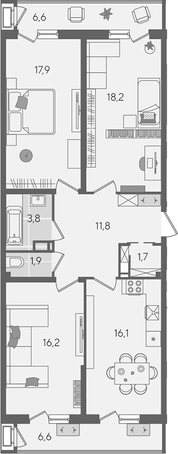 4+ комнаты, 87.6 м², 12/24 этаж, ЖК «Рекорд»