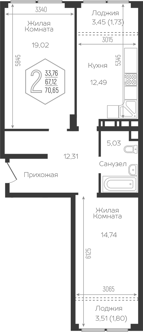Продается 2-комн. квартира, 64.67 м²