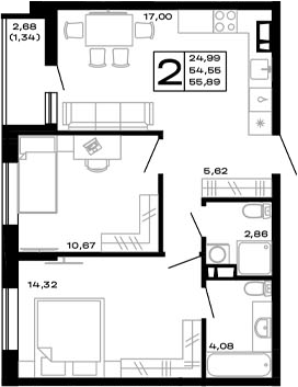 2-комн., 54.55 м², 13/16 этаж, ЖК «Горные высоты»