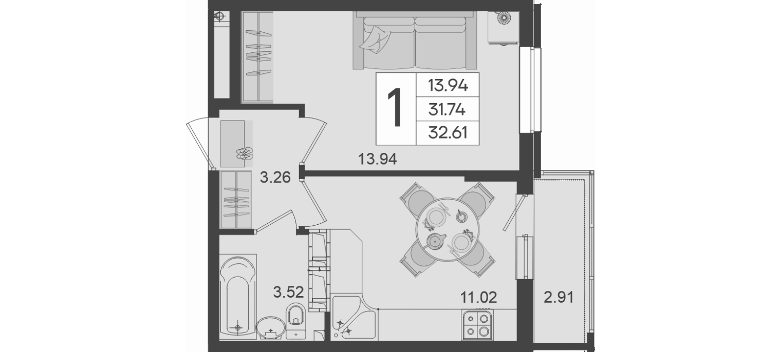 1-комн., 31.74 м², 5/18 этаж, ЖК «Дом 101»