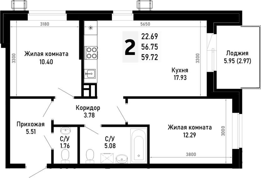 2-комн., 56.75 м², 3/4 этаж, ЖК «Усадьба Гостагаевская»