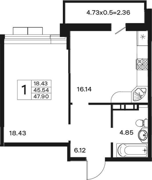 Продается 1-комн. квартира, 45.54 м²