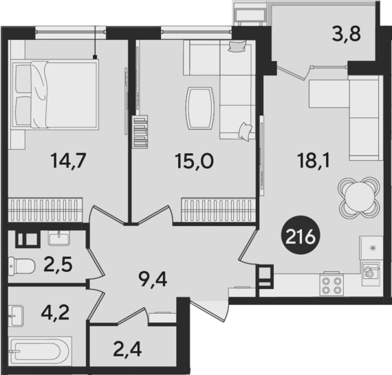 3-комн., 66.3 м², 3/9 этаж, ЖК «Парк Победы»