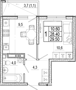 1-комн., 28.4 м², 11/15 этаж, ЖК «Лестория»