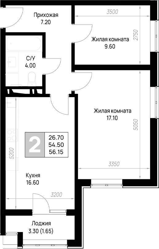 2-комн., 54.5 м², 9/12 этаж, ЖК «На высоком берегу»