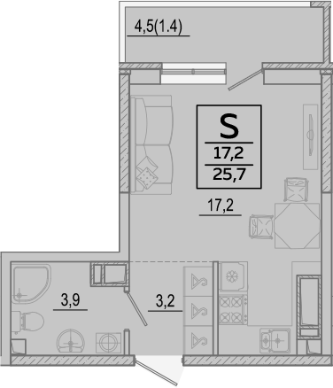 Студия, 24.3 м², 4/24 этаж, ЖК «Улыбка»