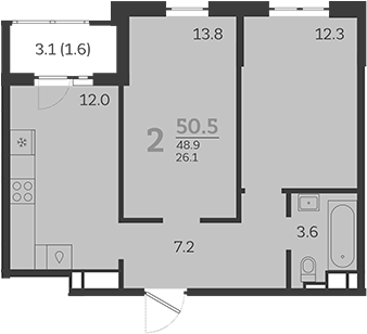 2-комн., 48.9 м², 19/24 этаж, ЖК «Все Свои VIP»