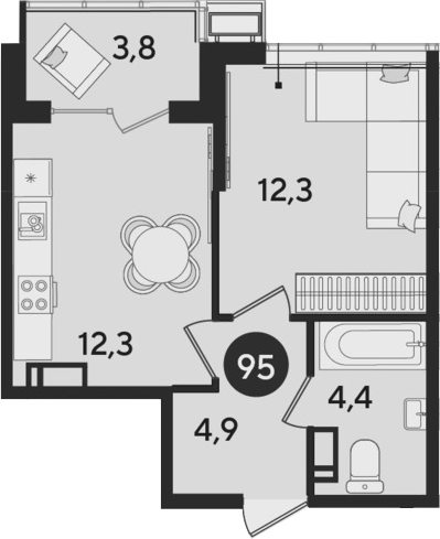 1-комн., 33.9 м², 12/16 этаж, ЖК «Парк Победы»
