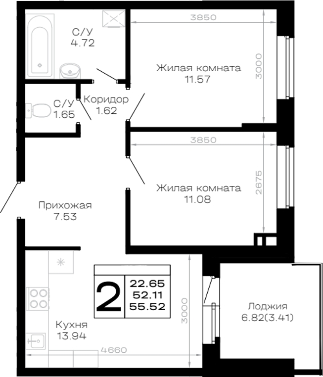 2-комн., 52.11 м², 3/4 этаж, ЖК «Усадьба Гостагаевская»