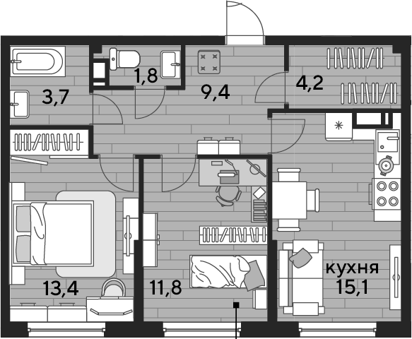 2-комн., 59.4 м², 10/16 этаж, ЖК «DОГМА ПАРК»