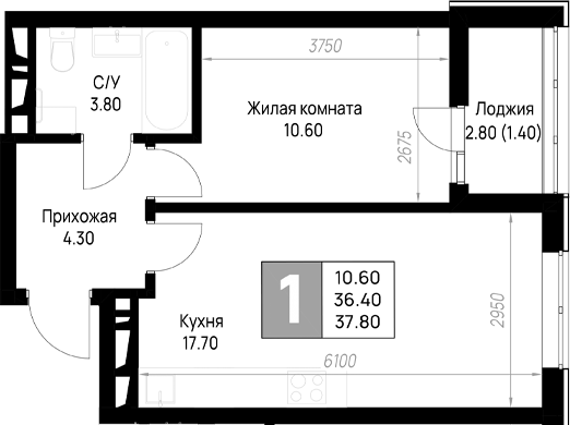 1-комн., 36.4 м², 2/9 этаж, ЖК «На высоком берегу»