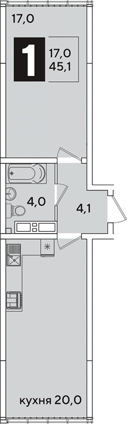 2-комн., 45.1 м², 16/16 этаж, ЖК «Самолет»