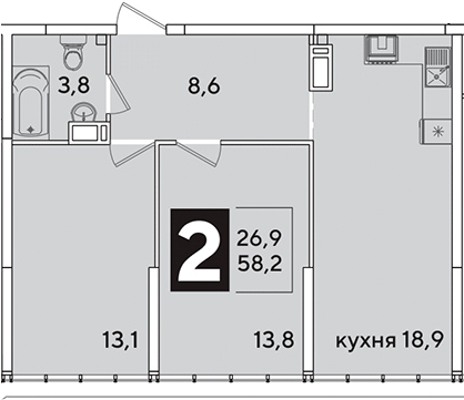 3-комн., 58.2 м², 16/16 этаж, ЖК «Самолет»
