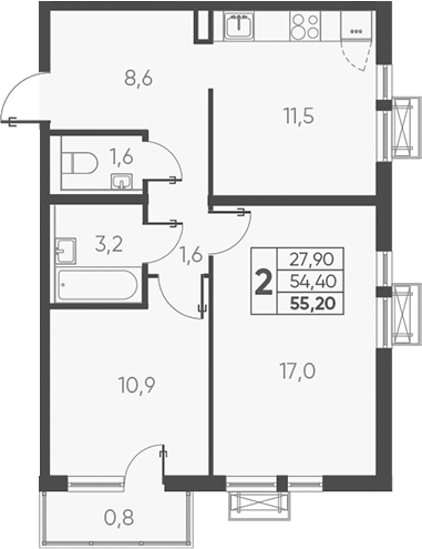 2-комн., 56.27 м², 17/24 этаж, ЖК «Барса»
