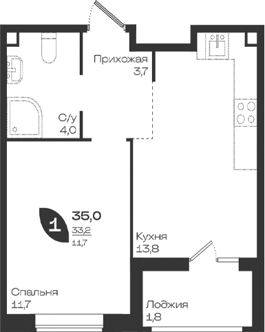 Продается 1-комн. квартира, 33.2 м²