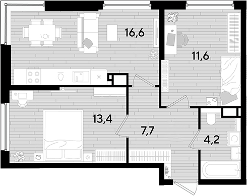 2-комн., 53.5 м², 14/16 этаж, ЖК «DОГМА ПАРК»
