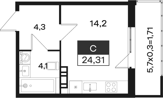 Студия, 22.6 м², 3/4 этаж, ЖК «Новая Елизаветка»