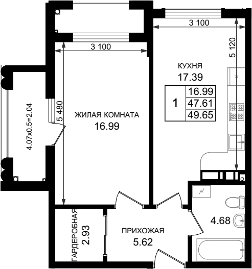 Продается 1-комн. квартира, 47.61 м²