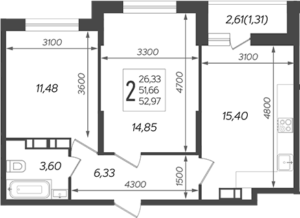 3-комн., 51.66 м², 16/19 этаж, ЖК «Смородина»
