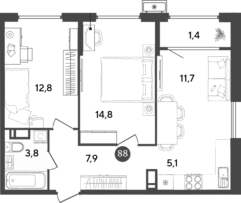 3-комн., 56.1 м², 13/18 этаж, ЖК «Порто-Ново»