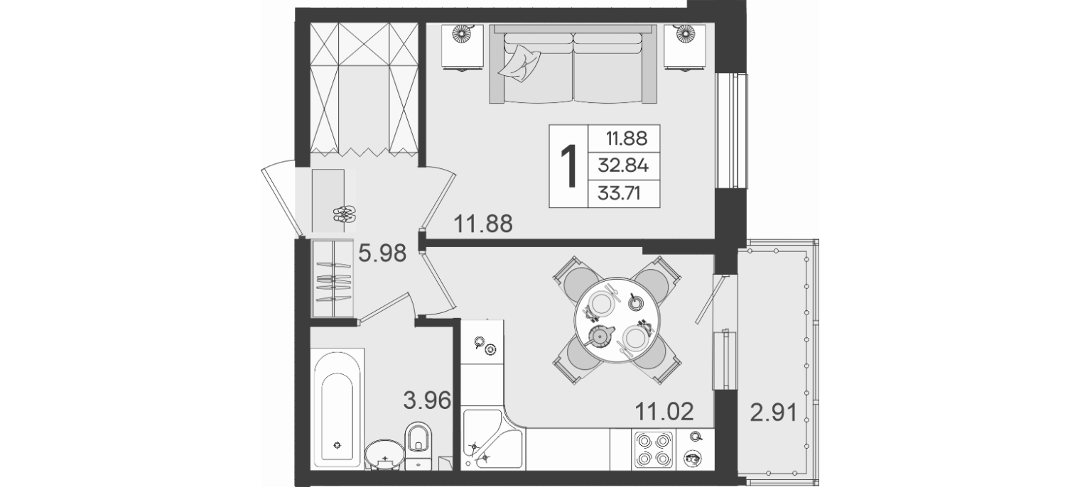 Продается 1-комн. квартира, 32.84 м²