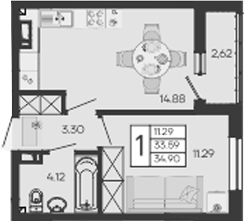1-комн., 33.59 м², 5/9 этаж, ЖК «Дом 101»