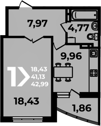 1-комн., 41.13 м², 14/19 этаж, ЖК «Аксиома»
