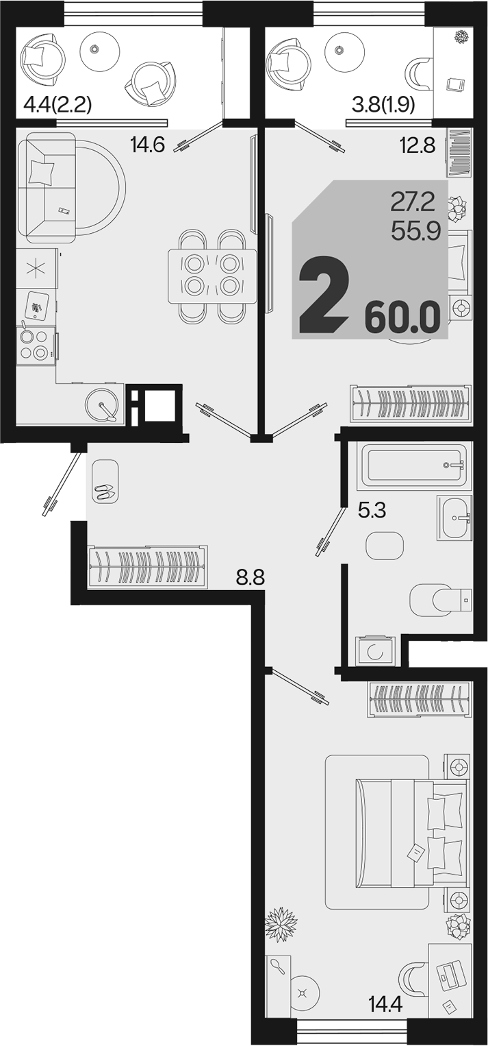 2-комн., 55.9 м², 5/9 этаж, ЖК «Первое место»