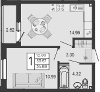 Продается 1-комн. квартира, 33.57 м²
