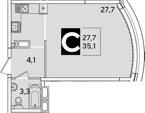 Студия, 35.1 м², 14/16 этаж, ЖК «Самолет»