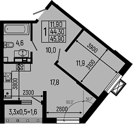 1-комн., 44.3 м², 4/9 этаж, ЖК «Звезды»
