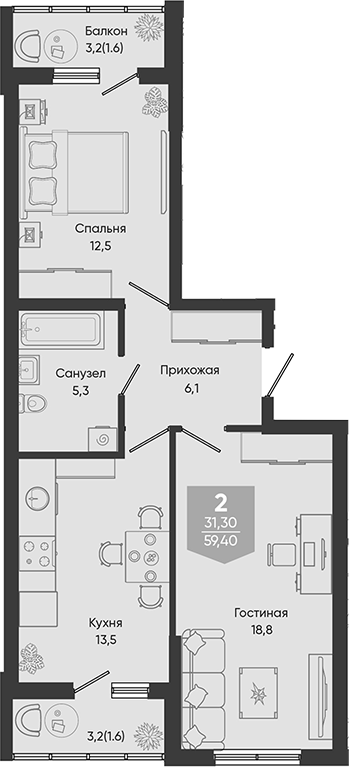 2-комн., 56.2 м², 2/24 этаж, ЖК «Облака»