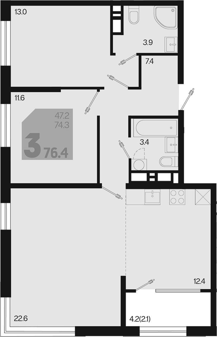 Продается 3-комн. квартира, 74.3 м²