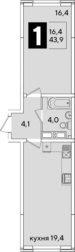 2-комн., 43.9 м², 12/16 этаж, ЖК «Самолет»