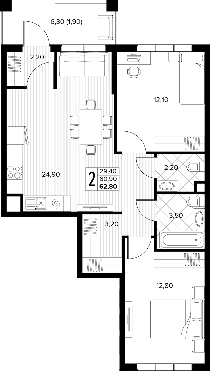 2-комн., 60.9 м², 1/6 этаж, ЖК «Кипарис»