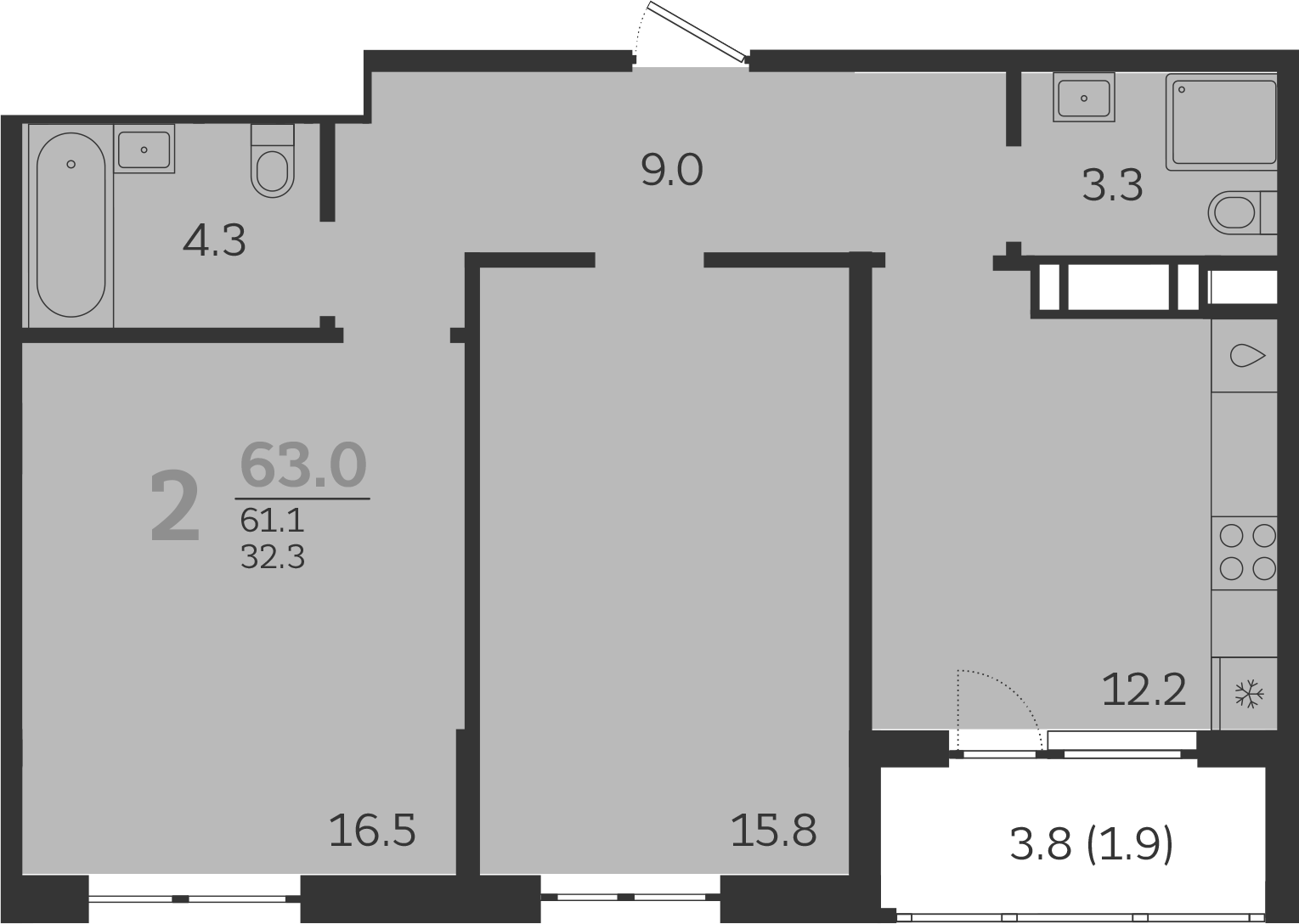 2-комн., 61.1 м², 20/24 этаж, ЖК «Все Свои VIP»