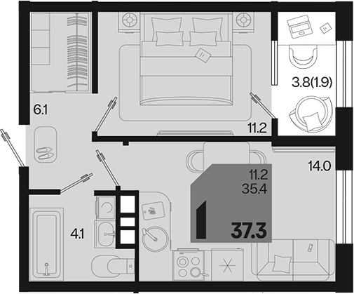 1-комн., 35.4 м², 5/9 этаж, ЖК «Первое место»