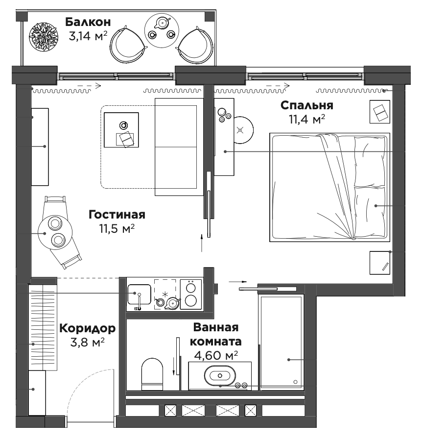 1-комн., 37.27 м², 2/3 этаж, ЖК «Гостиничный комплекс Chalet Delux»