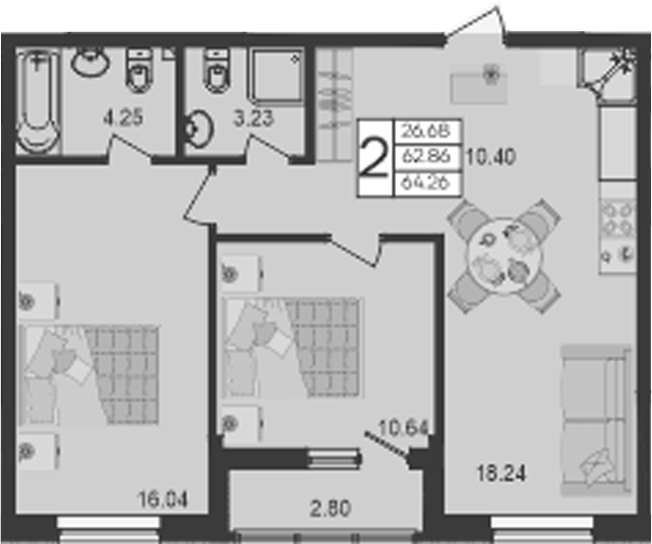 2-комн., 62.86 м², 2/9 этаж, ЖК «Дом 101»