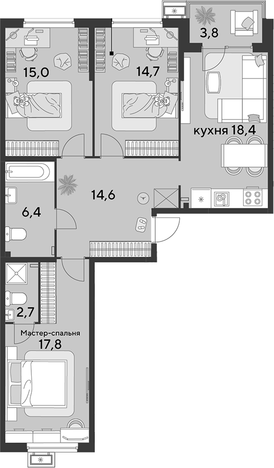 4+ комнаты, 89.6 м², 2/9 этаж, ЖК «Парк Победы»