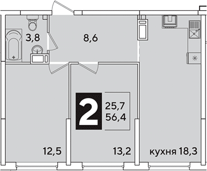 3-комн., 56.4 м², 11/16 этаж, ЖК «Самолет»