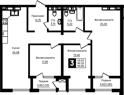 3-комн., 96.52 м², 18/18 этаж, ЖК «Резиденция морей»