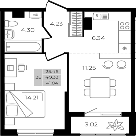 2-комн., 40.33 м², 3/8 этаж, ЖК «Курортный регион»